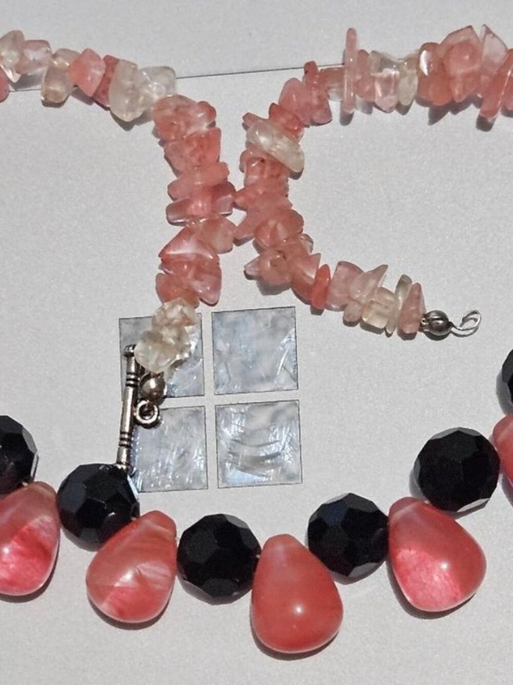 Peach And White Color Himalayan Salt Stone With Black/White Glass Bead Necklace